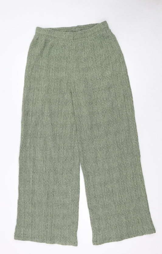 Zara Women Green Knit Wide-Leg Trousers Size M Casual Comfort