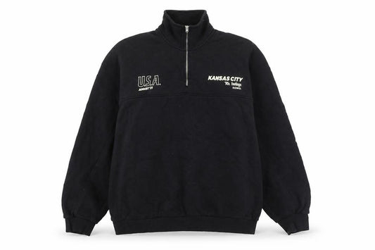 Front view of Bershka women’s black 90s kansas city 1/4 zip sweatshirt, size UK 12