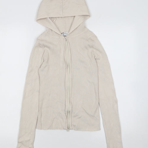 Stradivarius Womens Beige Slim Fit Hooded Full Zip Knit Jumper Size M