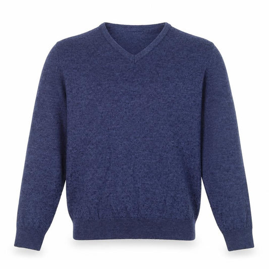 Front view of St. Bernard for Dunnes Stores Men's Blue V-Neck Wool Blend Jumper, size L