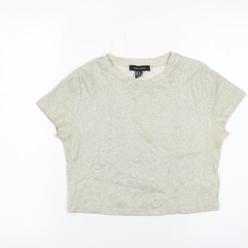 New Look Women Gold Cropped Glitter T-Shirt Size 8 Short Sleeve