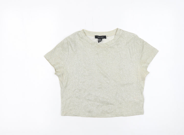 New Look Women Gold Cropped Glitter T-Shirt Size 8 Short Sleeve