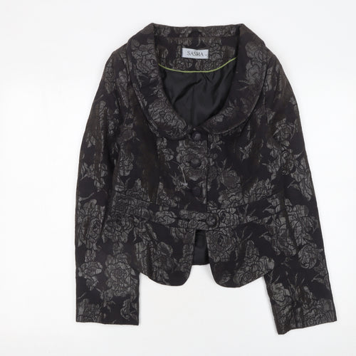 Sasha Womens Black Floral Jacquard Blazer Size 10 Formal Fitted Jacket