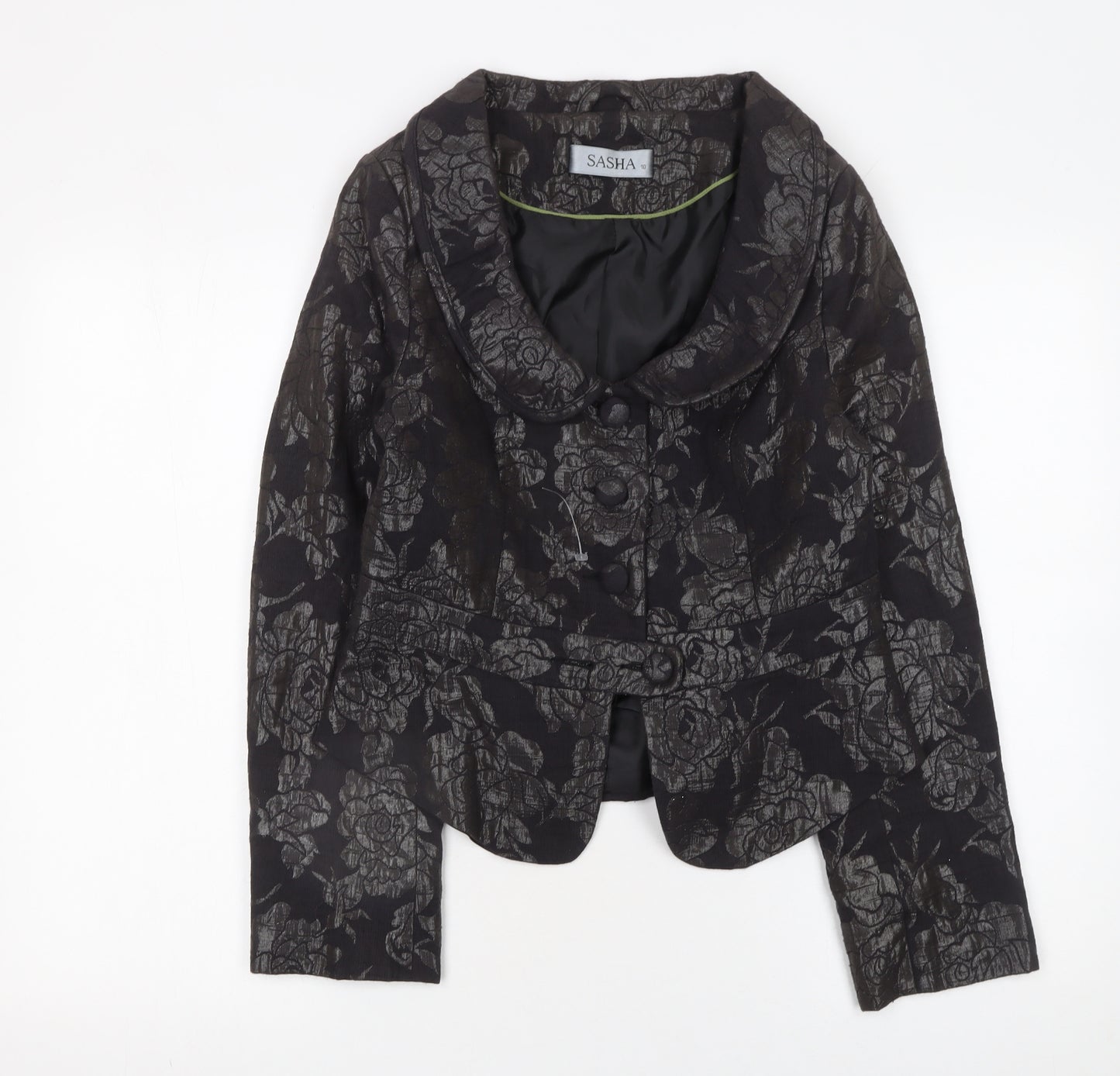 Sasha Womens Black Floral Jacquard Blazer Size 10 Formal Fitted Jacket