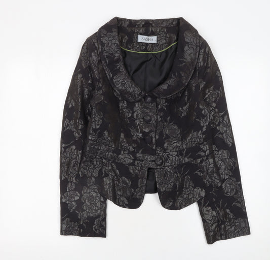 Sasha Womens Black Floral Jacquard Blazer Size 10 Formal Fitted Jacket