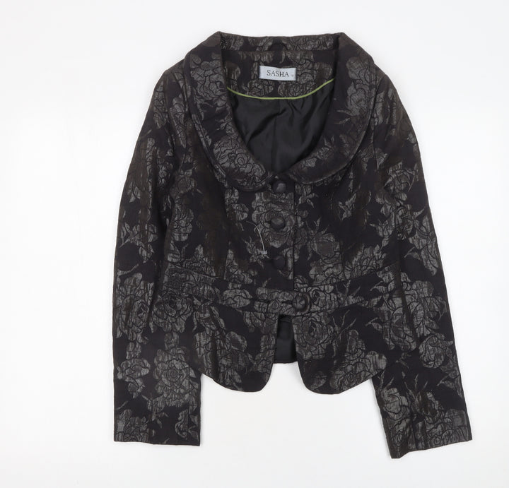 Sasha Womens Black Floral Jacquard Blazer Size 10 Formal Fitted Jacket