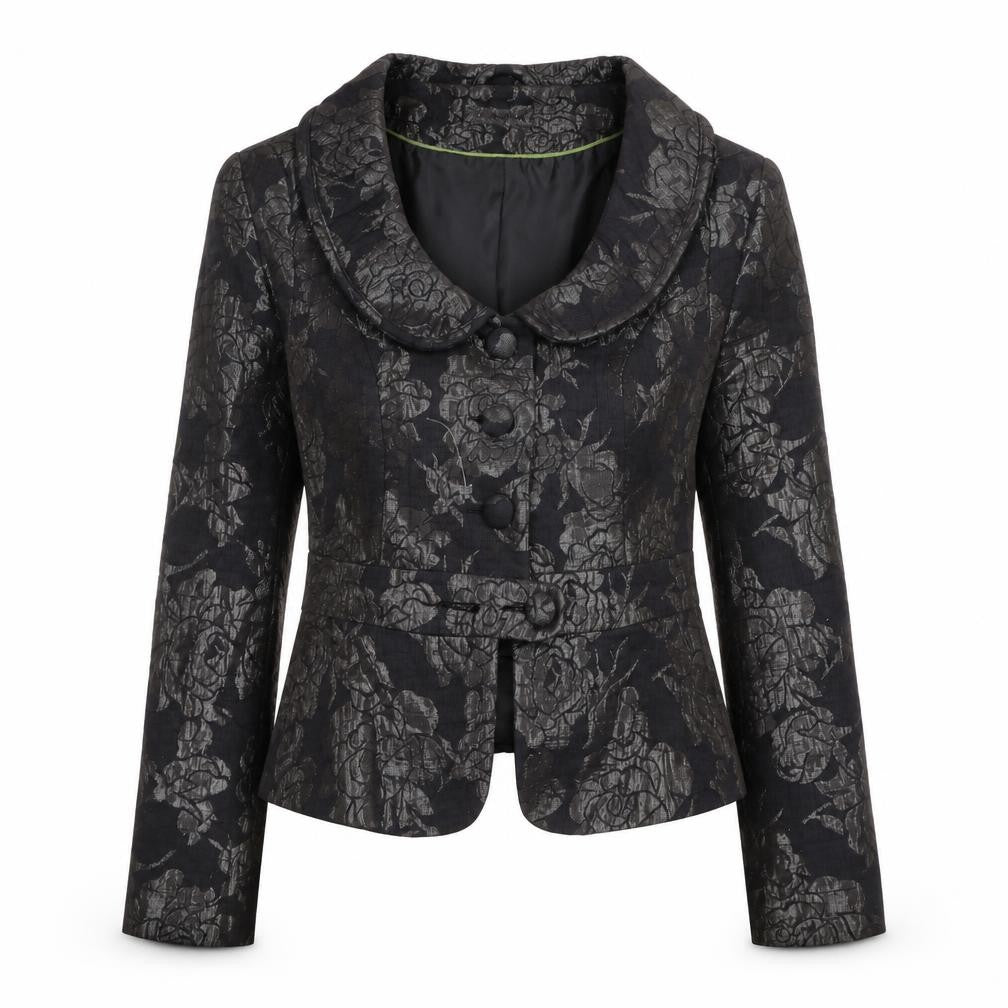 Front view of Sasha women’s black floral jacquard blazer, size UK 10, formal fitted jacket