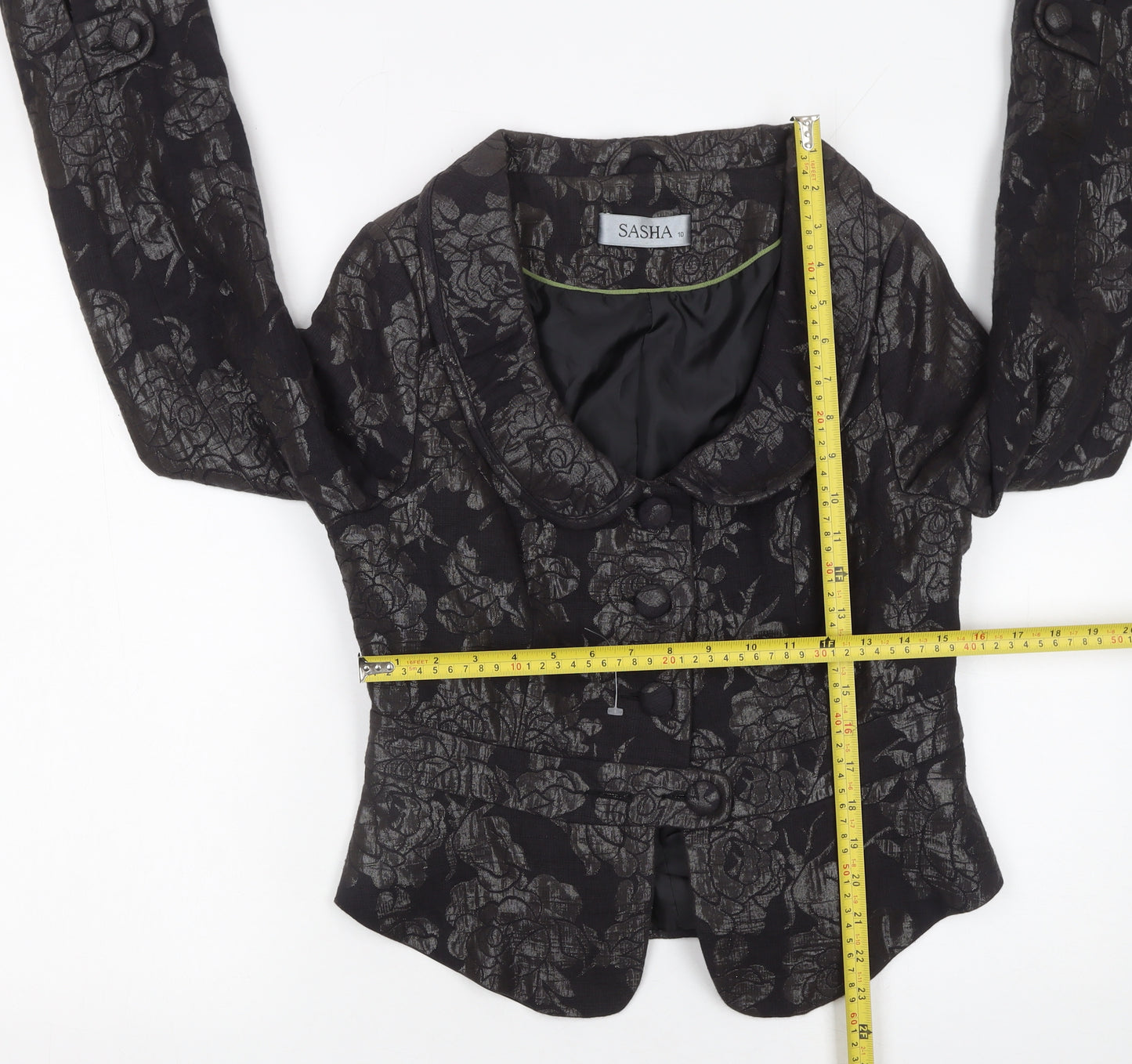 Sasha Womens Black Floral Jacquard Blazer Size 10 Formal Fitted Jacket