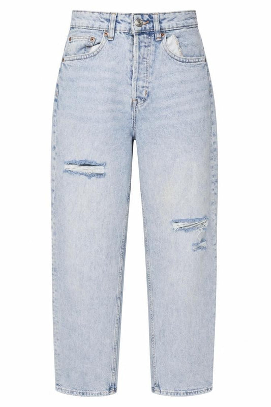 Front view of H&M Women’s Blue Distressed High Rise Mom Jeans, size UK 8