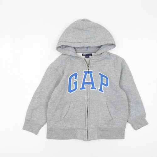 GAP Boys Grey Full Zip Hoodie 4-5 Years Hooded Fleece Logo Sweatshirt
