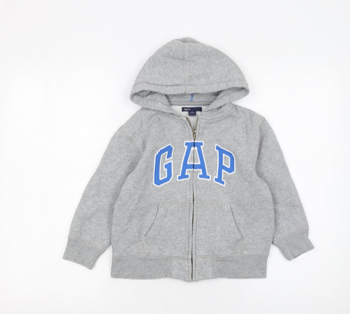 GAP Boys Grey Full Zip Hoodie 4-5 Years Hooded Fleece Logo Sweatshirt