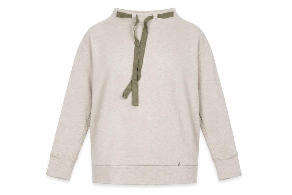 Front view of Féria Women Beige Cotton High Neck Bow jumper, size 12