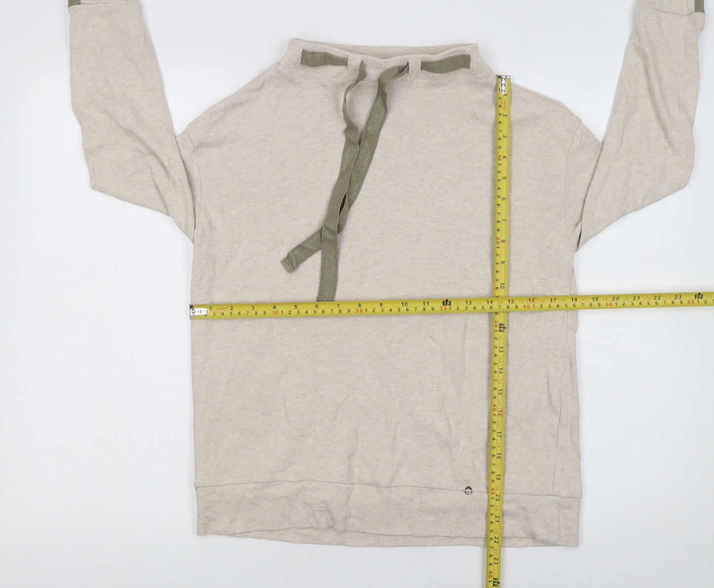 Féria Women Beige Cotton High Neck Bow Pullover Jumper Size 12