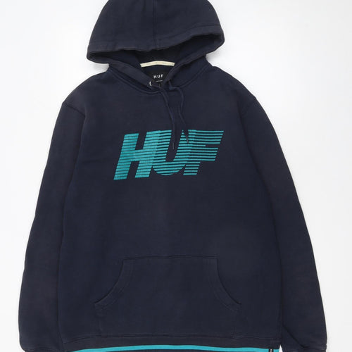 HUF Men's Blue Pullover Hoodie Medium Graphic Fleece Sweatshirt