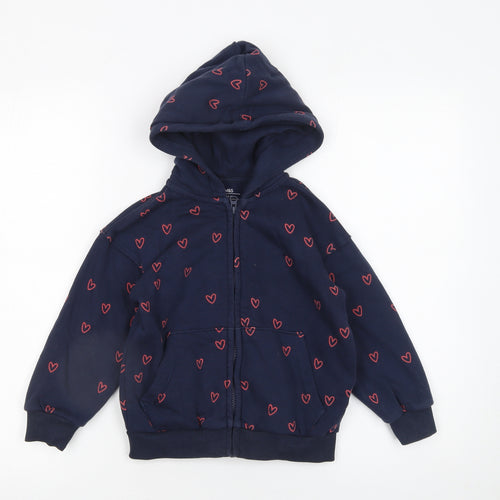 Marks and Spencer Girls Blue Heart Print Full Zip Hoodie 4-5 Years