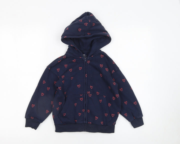 Marks and Spencer Girls Blue Heart Print Full Zip Hoodie 4-5 Years