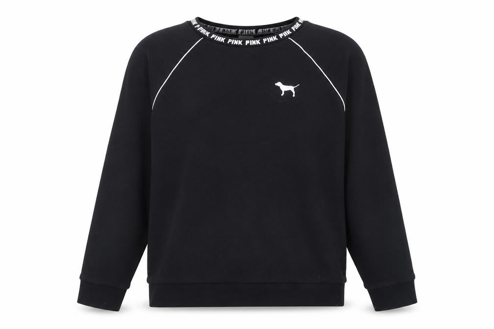 Front view of Victoria's Secret PINK Women's Black Crew Neck Pullover Sweatshirt, size S