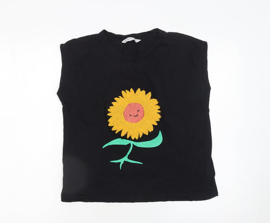 Compañía Fantástica Women's Black Sunflower Sleeveless Cotton T-Shirt M