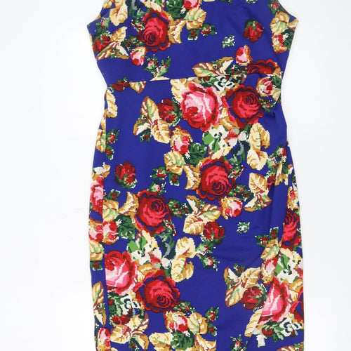 Vesper Women Blue Floral Bodycon Sleeveless Knee Length Dress Size 14