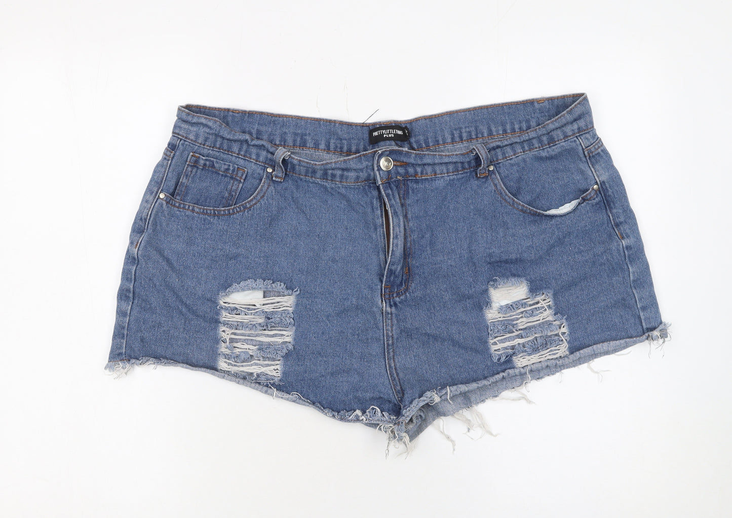 PrettyLittleThing Women Blue Denim Distressed Cut-Off Shorts Size 20
