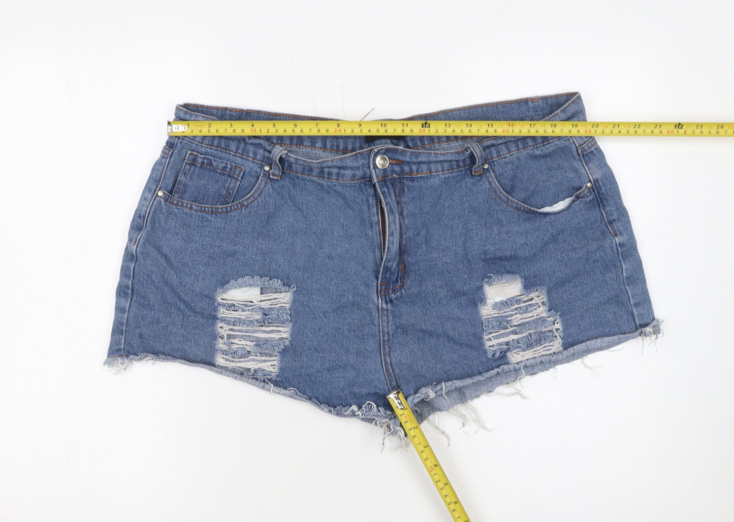 PrettyLittleThing Women Blue Denim Distressed Cut-Off Shorts Size 20