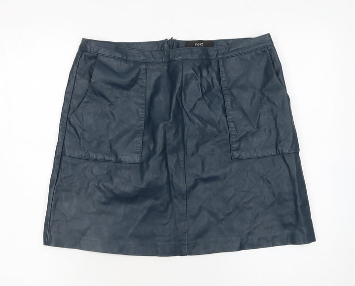 Next Women Blue Faux Leather A-Line Mini Skirt UK 12