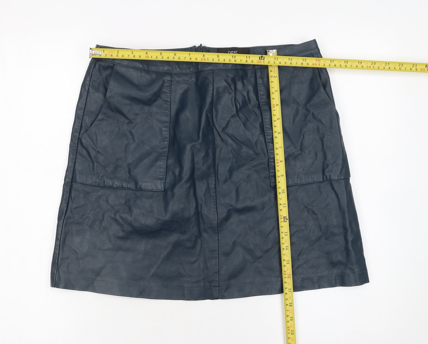 Next Women Blue Faux Leather A-Line Mini Skirt UK 12