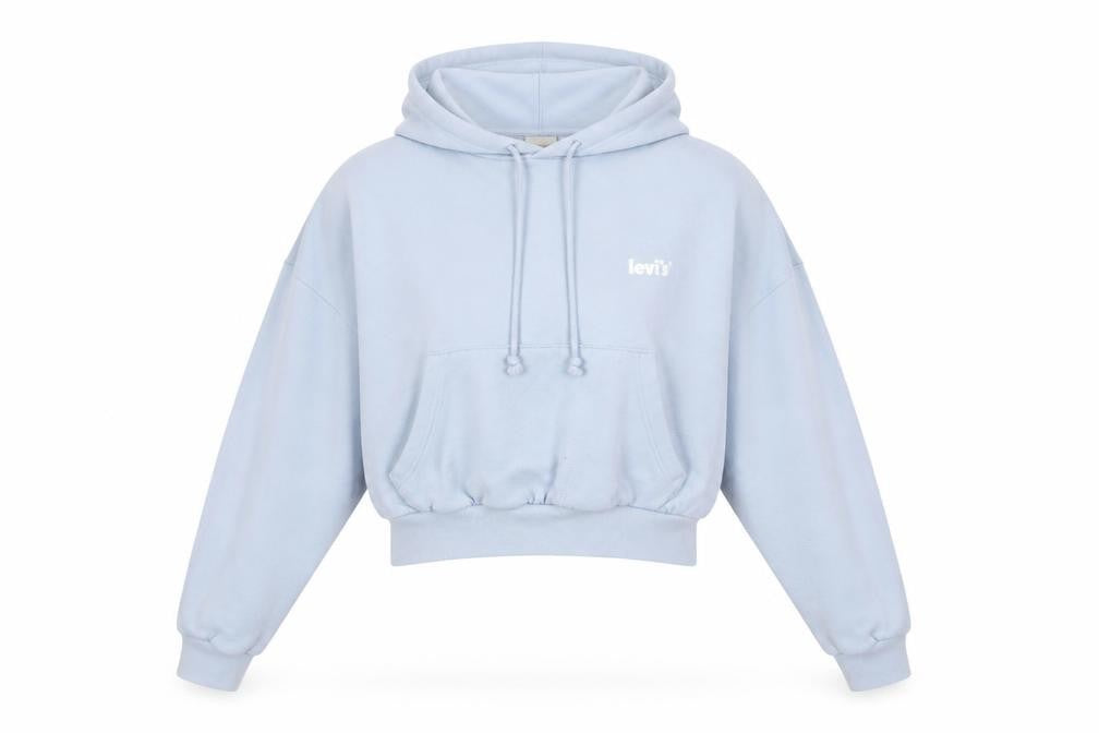 Front view of Levi's Women's Blue Pullover Cropped Hoodie, size M, Cotton Blend