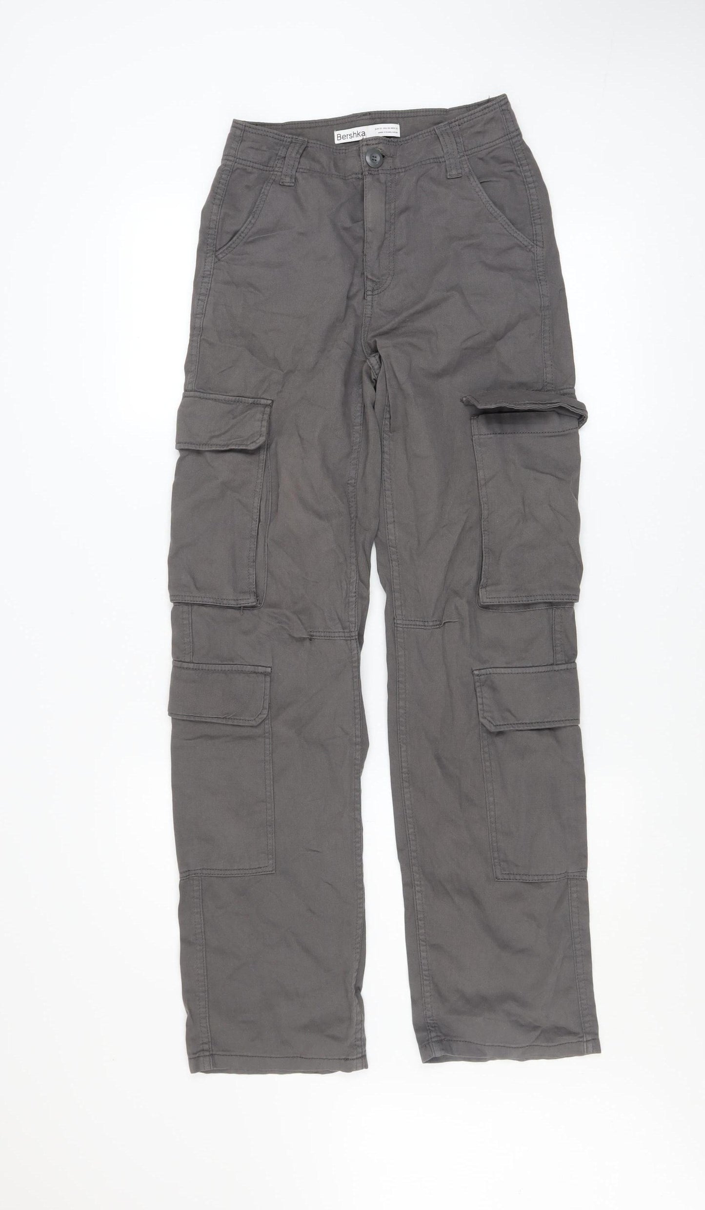 Bershka Womens Grey Cotton Cargo Trousers Size 4 Regular Fit