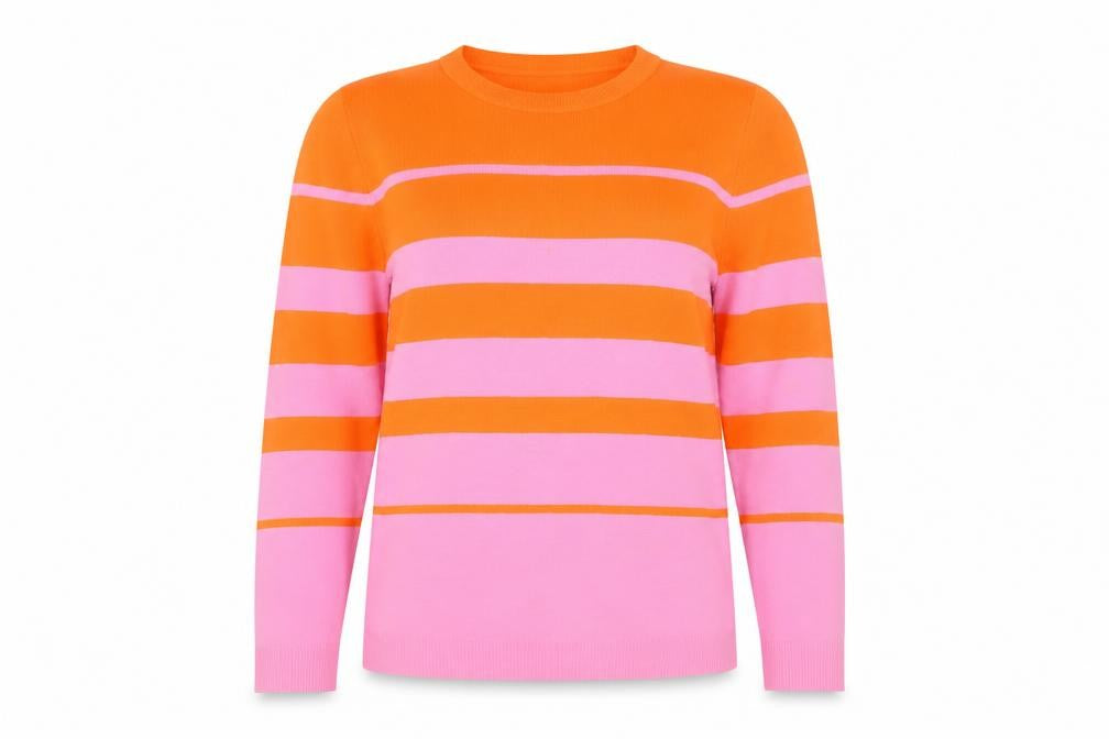 Front view of Savida Women's Multicoloured Striped Crew Neck jumper, size L