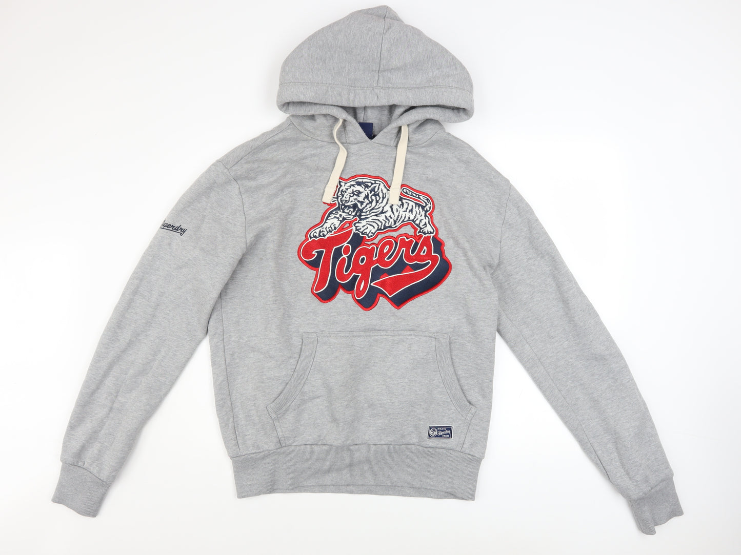 Superdry Mens Grey Pullover Hoodie M Graphic Tiger Embroidered Sweatshirt