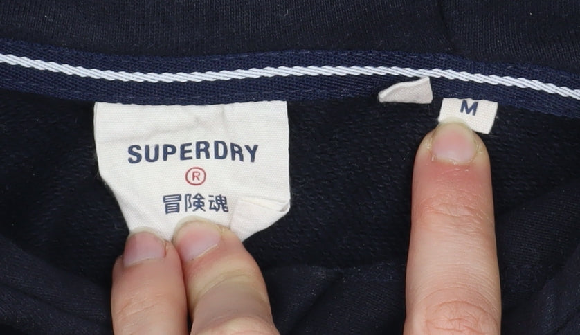 Superdry Men's Blue Pullover Hoodie M Embroidered Logo Fleece