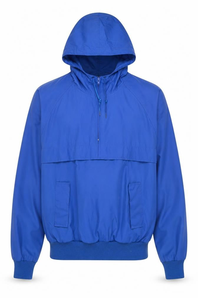 Front view of Lands' End men’s blue hooded anorak jacket, size M, regular fit
