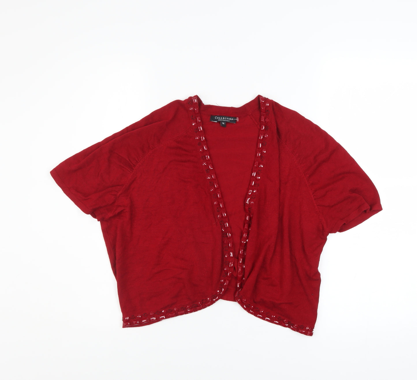 Debenhams Women Red Beaded Open Knit Shrug Size 16