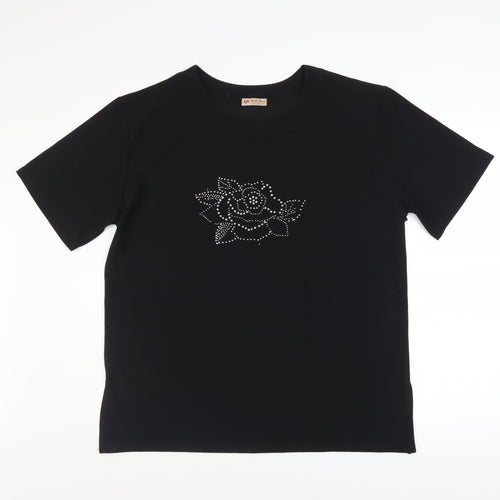 AoErDuo Women's Black Viscose Rhinestone Rose T-Shirt L/XL