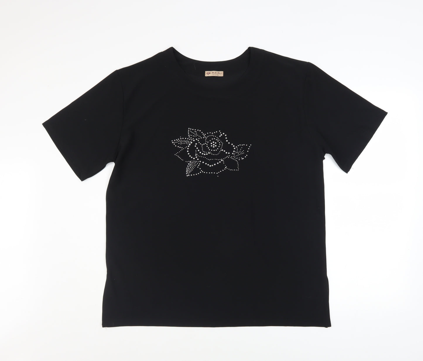 AoErDuo Women's Black Viscose Rhinestone Rose T-Shirt L/XL