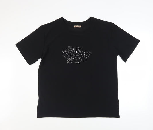 AoErDuo Women's Black Viscose Rhinestone Rose T-Shirt L/XL