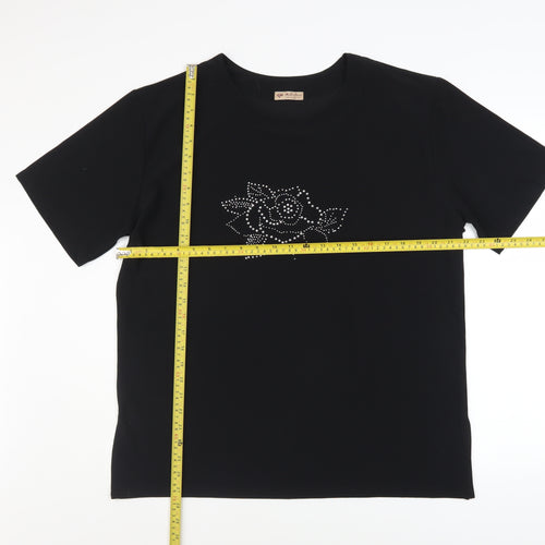 AoErDuo Women's Black Viscose Rhinestone Rose T-Shirt L/XL