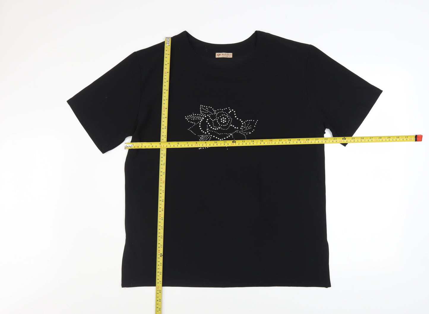 AoErDuo Women's Black Viscose Rhinestone Rose T-Shirt L/XL