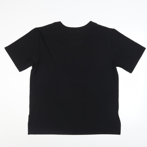 AoErDuo Women's Black Viscose Rhinestone Rose T-Shirt L/XL