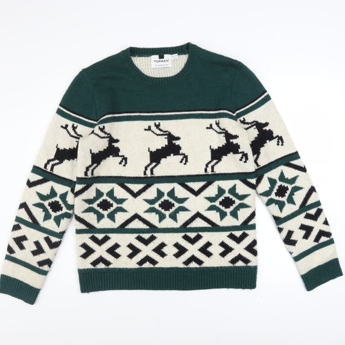Topman Men’s Green Christmas Reindeer Fair Isle Wool Blend Jumper M