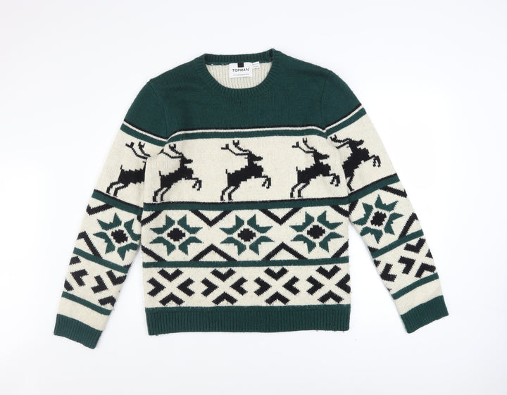 Topman Men’s Green Christmas Reindeer Fair Isle Wool Blend Jumper M