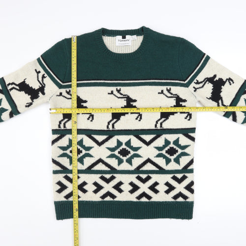 Topman Men’s Green Christmas Reindeer Fair Isle Wool Blend Jumper M
