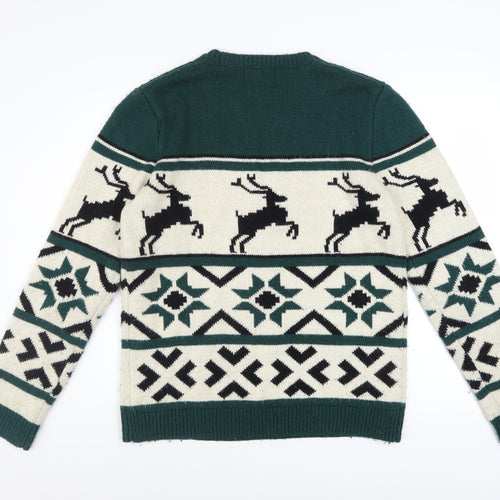 Topman Men’s Green Christmas Reindeer Fair Isle Wool Blend Jumper M