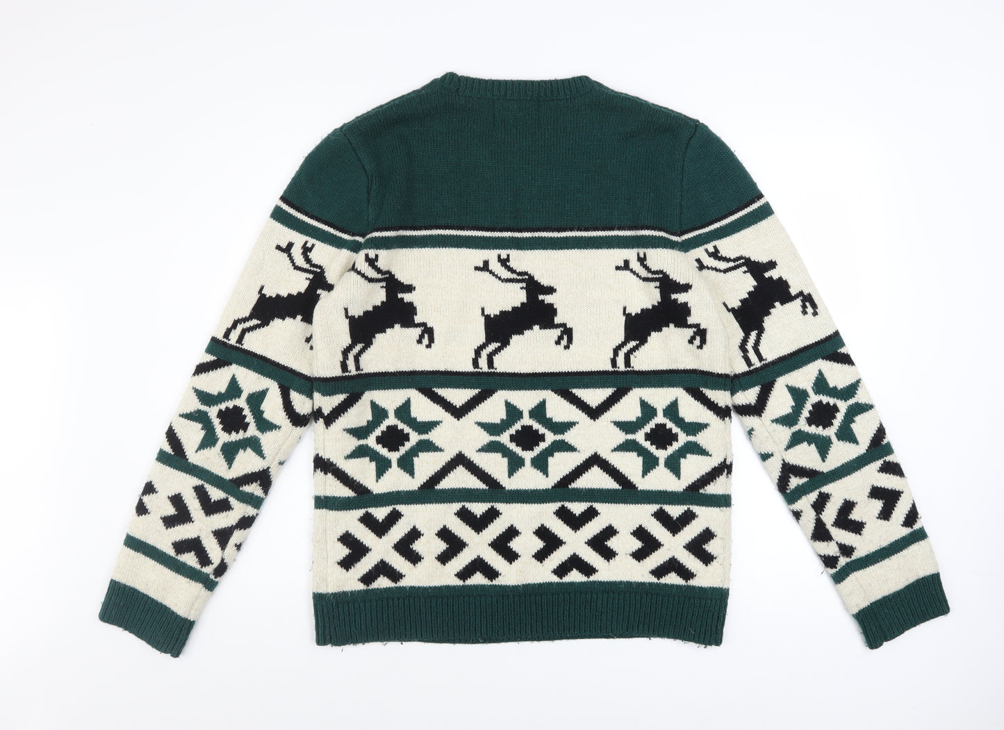 Topman Men’s Green Christmas Reindeer Fair Isle Wool Blend Jumper M