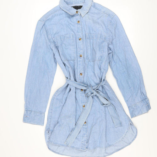 ASOS DESIGN Womens Blue Denim Shirt Dress UK 10 Long Sleeve Belted