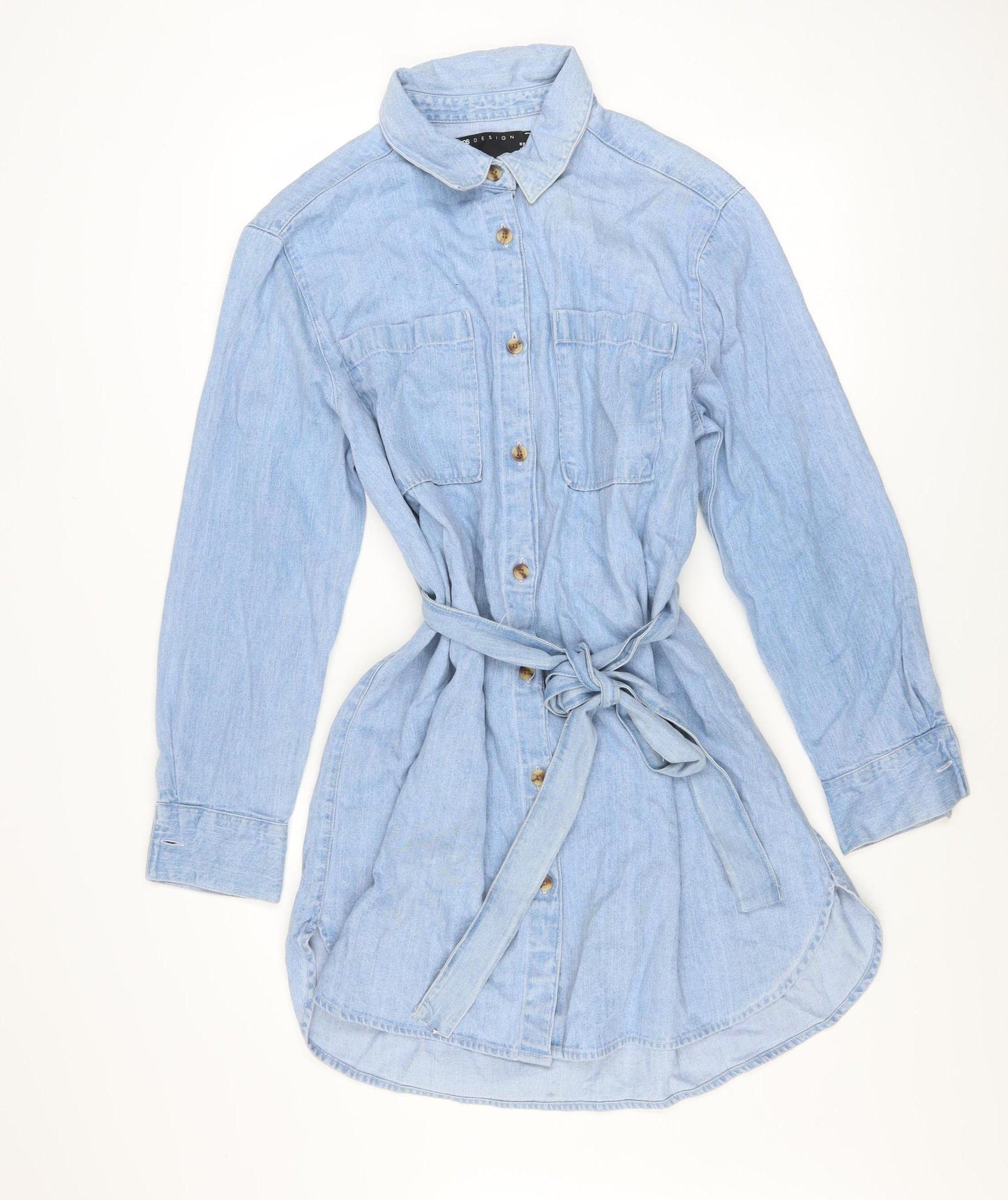 ASOS DESIGN Womens Blue Denim Shirt Dress UK 10 Long Sleeve Belted