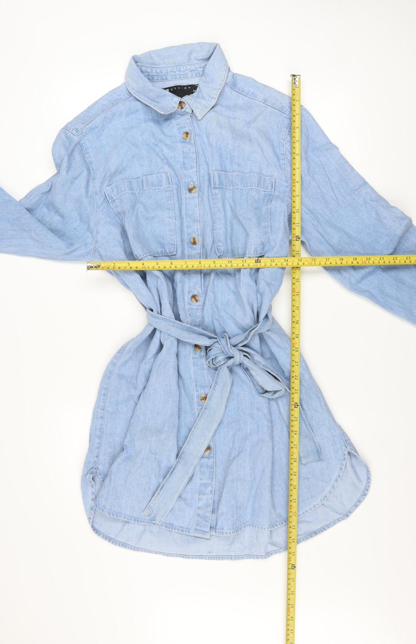 ASOS DESIGN Womens Blue Denim Shirt Dress UK 10 Long Sleeve Belted