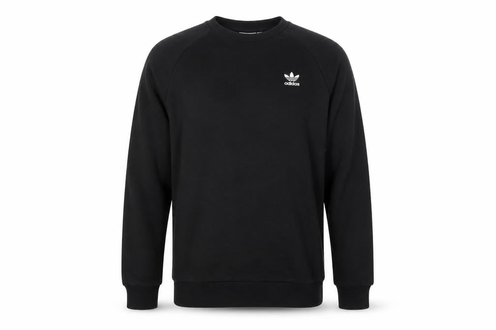 Front view of adidas Men's Black Crew Neck Pullover Sweatshirt, size S, Sports Logo