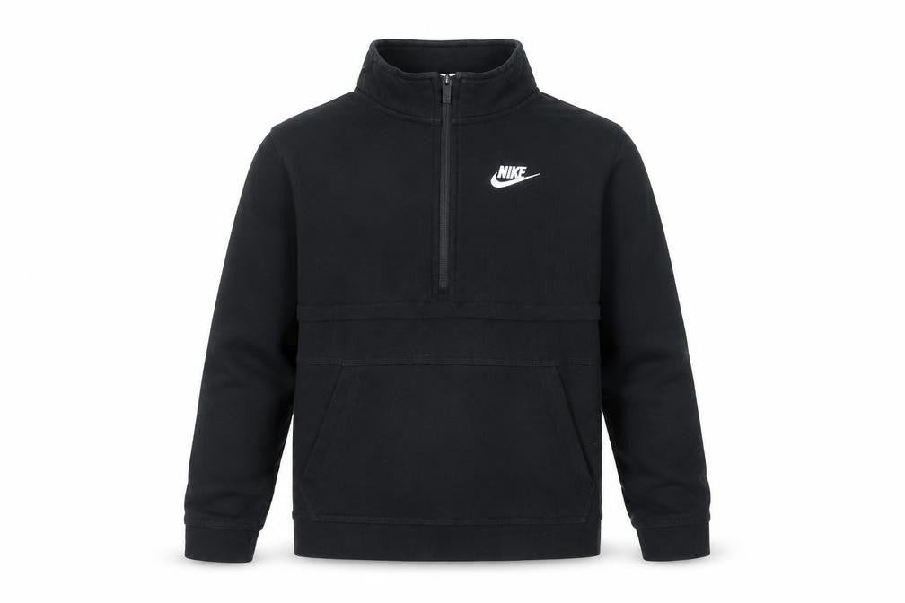 Front view of Nike boys’ black l 1/2 zip pullover sweatshirt cotton blend logo top